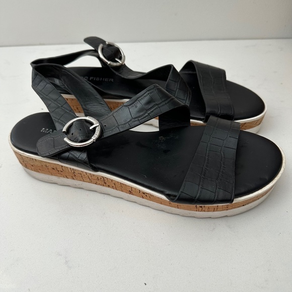 Marc Fisher Black Croc Embossed Platform Sandals - Picture 2 of 7